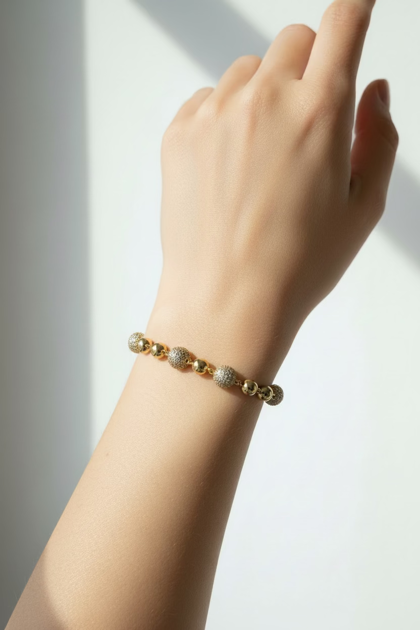14K PAVE CRYSTAL AND POLISHED BUTTON BALL LINK BRACELET