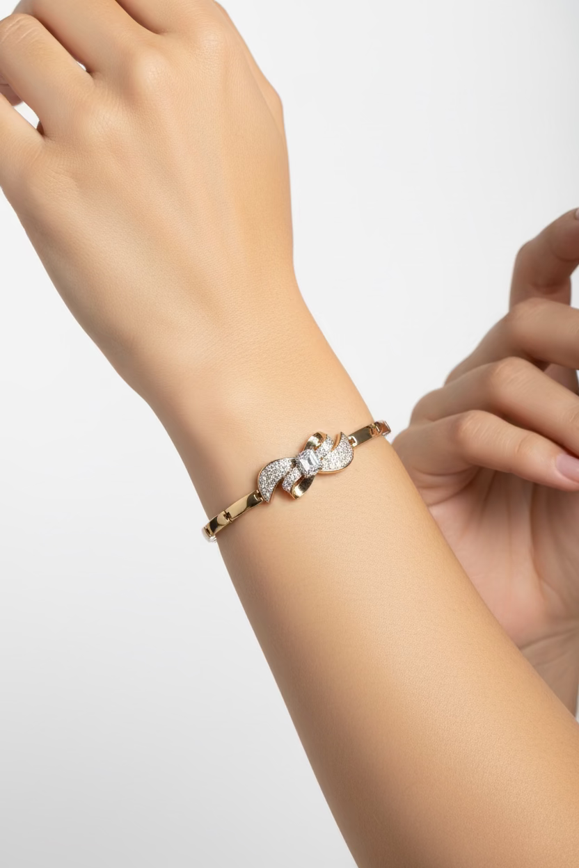 14K PAVE CRYSTAL WAVE BOW PANEL LINK BRACELET