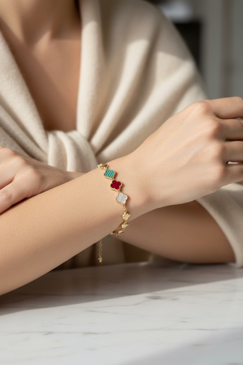 14K PASTEL MULTI-COLOR FOUR-LEAF CLOVER BRACELET