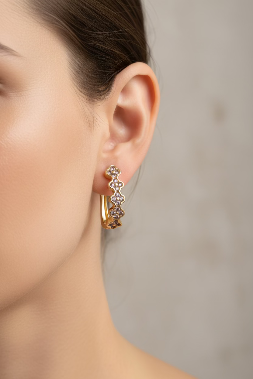 14K CLEAR ZIRCONIA CLOVER SCALLOPED HUGGIE HOOP EARRING