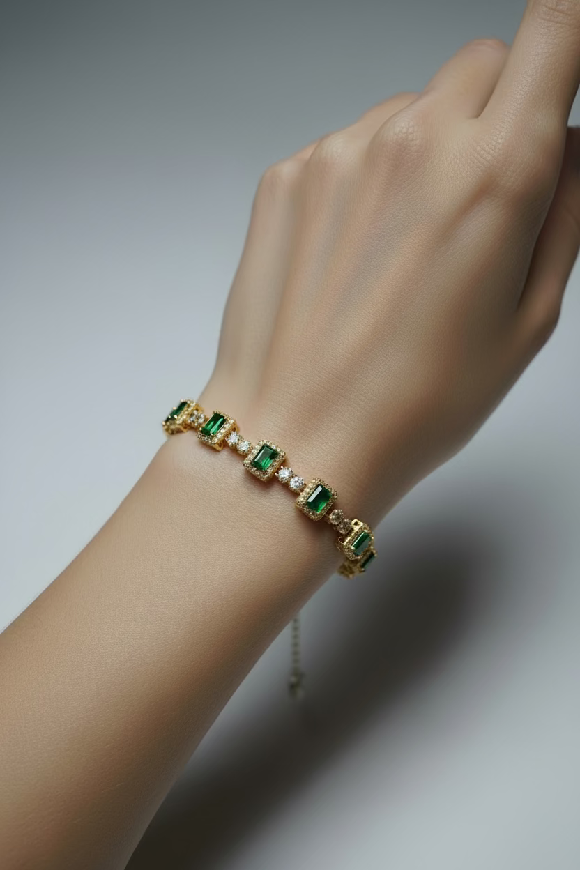 14K EMERALD- CUT GREEN GEMSTONE HALO LINK TENNIS BRACELET