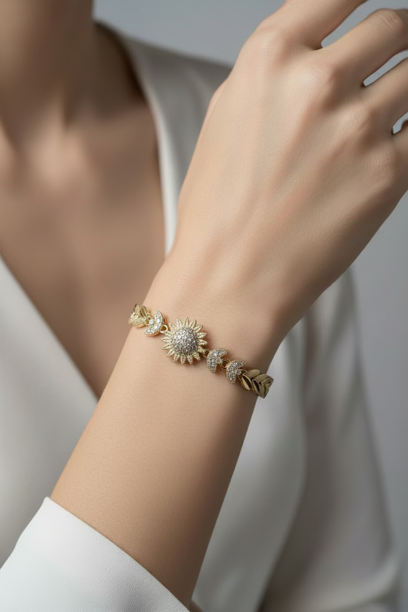 14K PAVE SUNFLOWER WHEAT CHAIN BRACELET