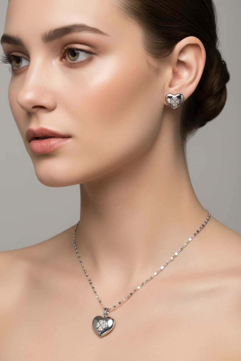WHG PUFFY HEART CLOVER NECKLACE AND EARRING SET WD4829A