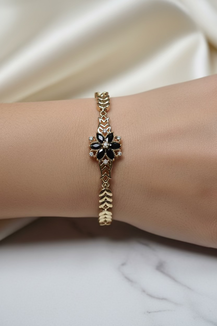 14K BLACK MARQUISE FLORAL CHEVRON BRACELET