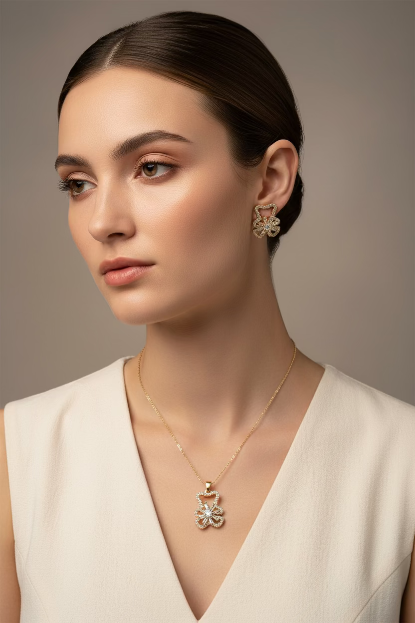 14K BEAR-SILHOUETTE FLOWER JEWELRY SET CX388A