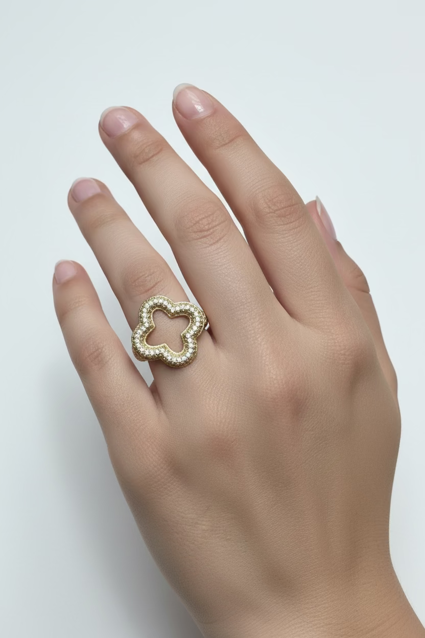14K OPEN QUATREFOIL CZ PAVE STATEMENT RING
