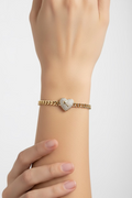 14K CZ PAVE HEART CURB/CUBAN LINK BRACELET