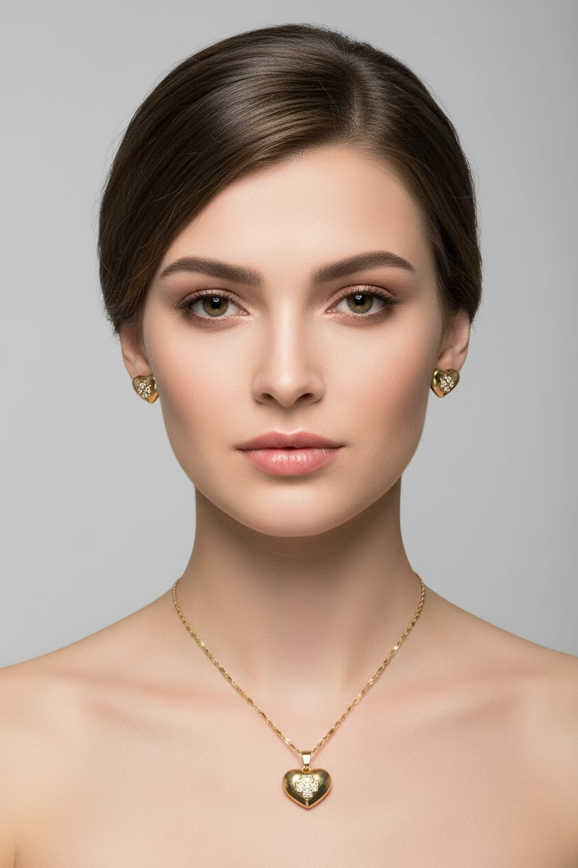14K CUBIC ZIRCONIA HEART AND CLOVER PENDANT NECKLACE AND MATCHING STUD EARRING SET WD4829A