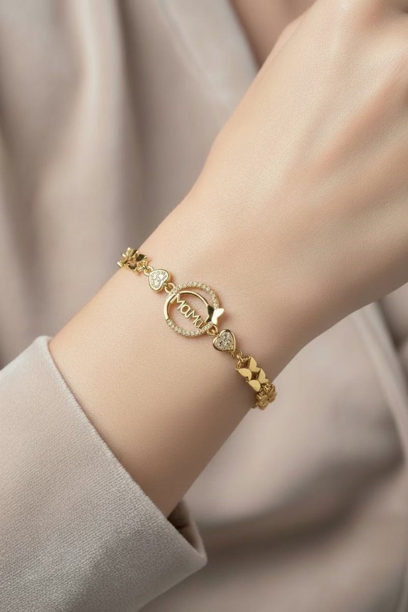 14K CUBIC ZIRCONIA "MAMA" BUTTERFLY CHARM BRACELET