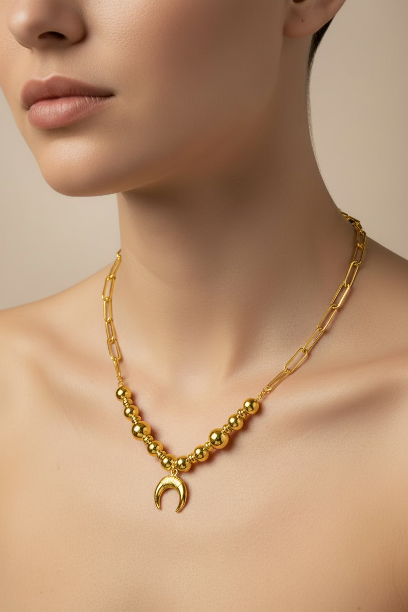 14K CRESCENT MOON PAPERCLIP CHAIN STATEMENT NECKLACE ST-06910001
