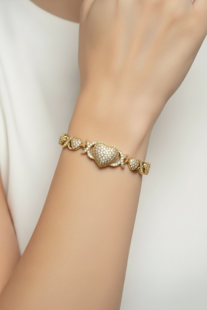 14K CUBIC ZIRCONIA "HUGS & KISSES" HEART LINK BRACELET