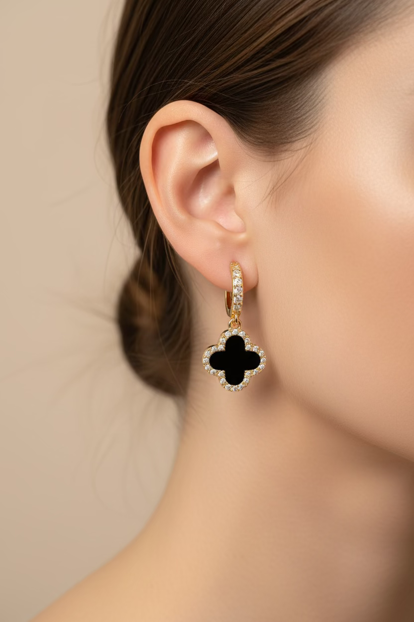 14K BLACK ONYX CLOVER DROP HUGGIE HOOP EARRING RH-02660005X