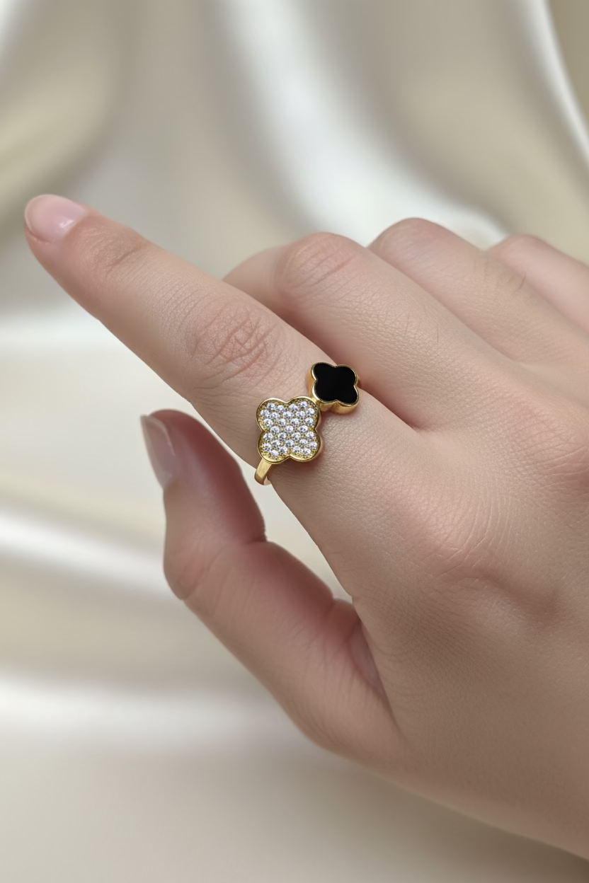 14K TWO-MOTIF CUBIC ZIRCONIA AND BLACK ONYX BYPASS CLOVER RING WD4210B