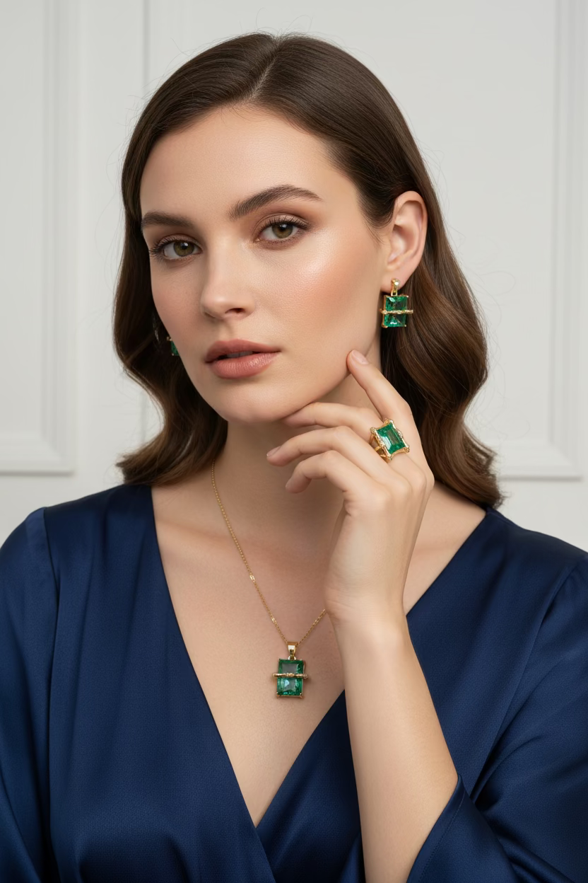 14K EMERALD GREEN CRYSTAL MATCHING 3-SET