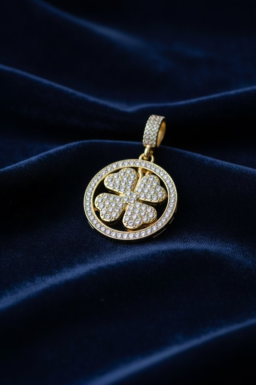 14K ICED-OUT FOUR-LEAF CLOVER SPINNER MEDALLION PENDANT