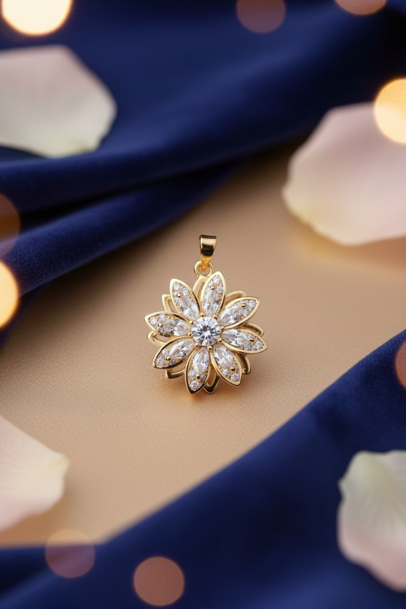 14K TIERED MARQUISE DIAMOND FLOWER SPINNER MEDALLION PENDANT