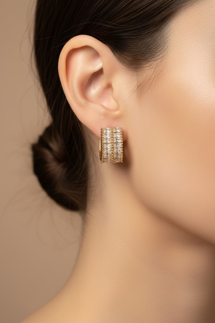 14K BAGUETTE CRYSTAL HUGGIE HOOP EARRING
