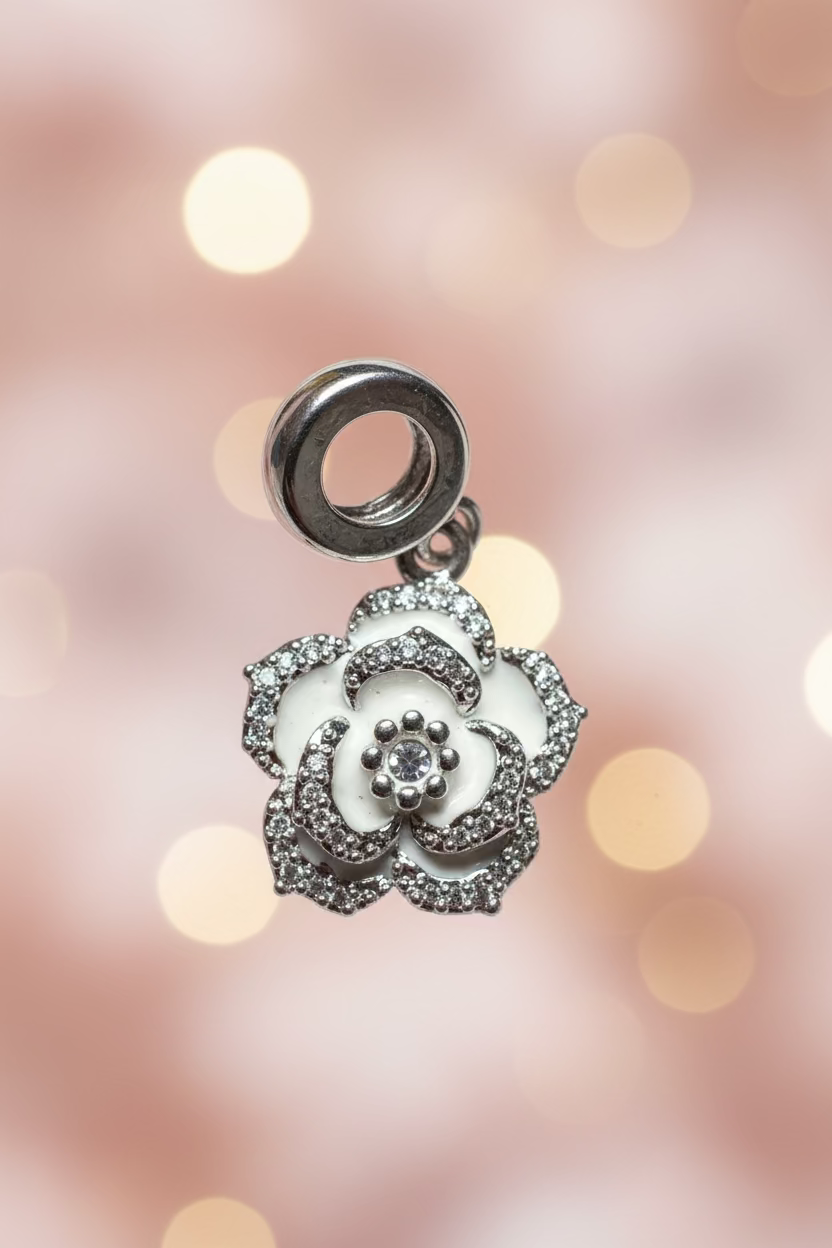 WHG WHITE ENAMEL ROSE FLOWER DANGLE CHARM PANDORA