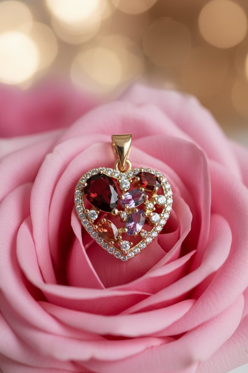 14K MULTI-GEMSTONE CLUSTER HEART PENDANT