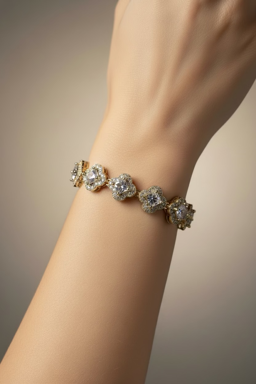 14K CLEAR HALO FOUR-LEAF CLOVER TENNIS BRACELET