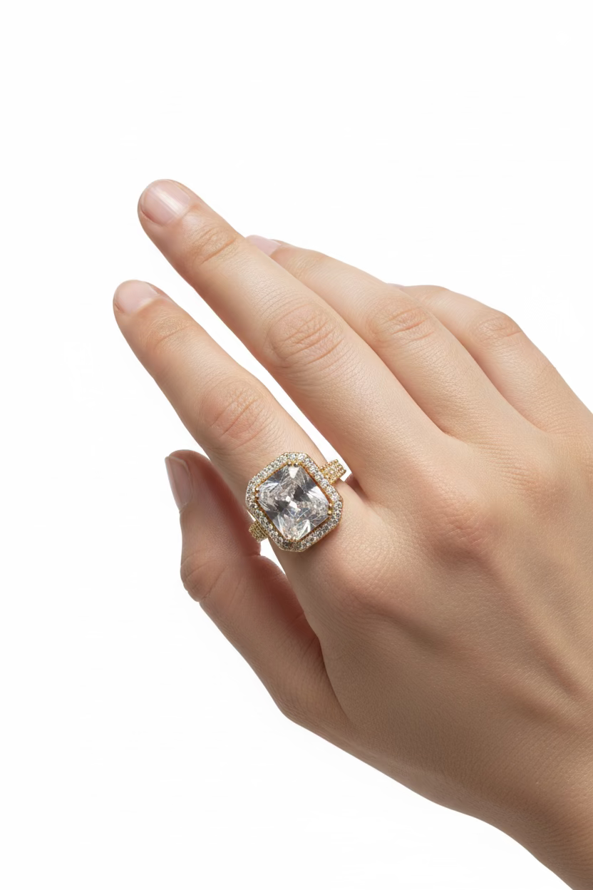 14K CLEAR RADIANT CUT HALO ENGAGEMENT RING