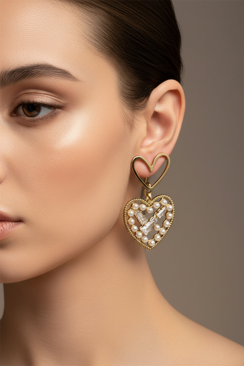 14K Heart Pearl Earrings EZZ-1345