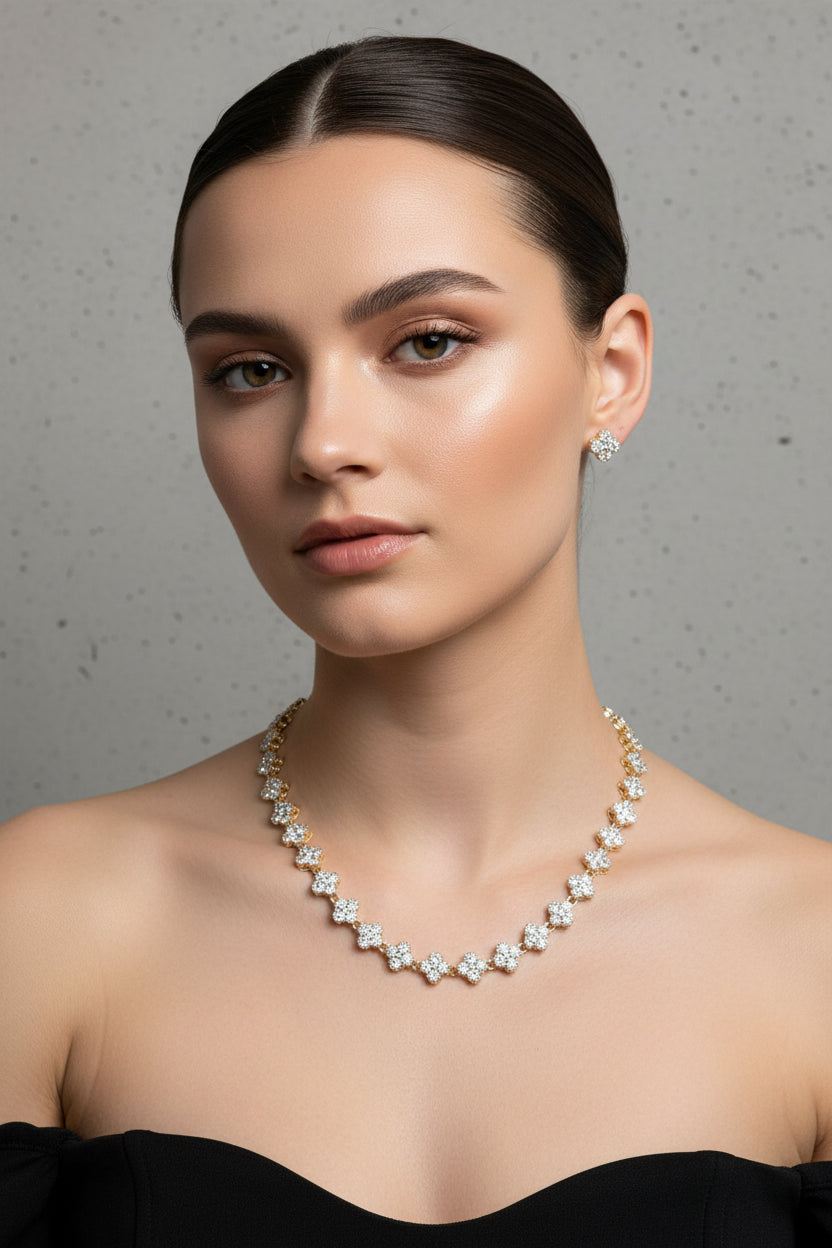 14K CLEAR CLOVER TENNIS NECKLACE & EARRING SET XM1677B