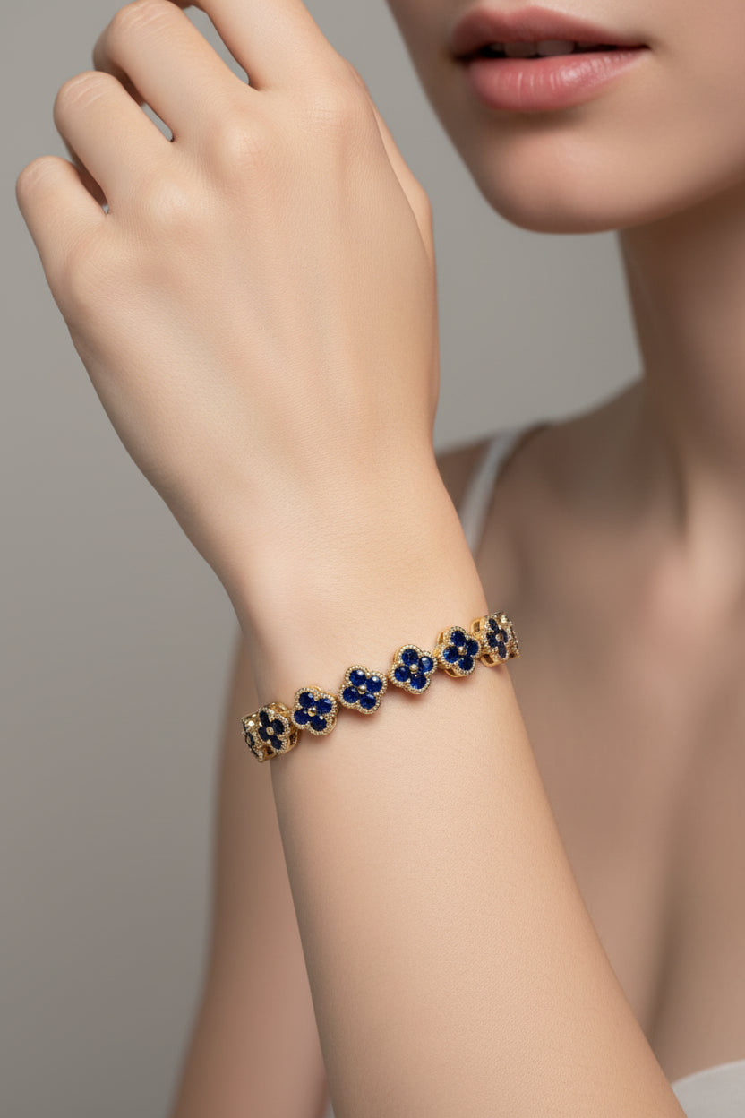 14K SAPPHIRE BLUE CLOVER TENNIS BRACELET