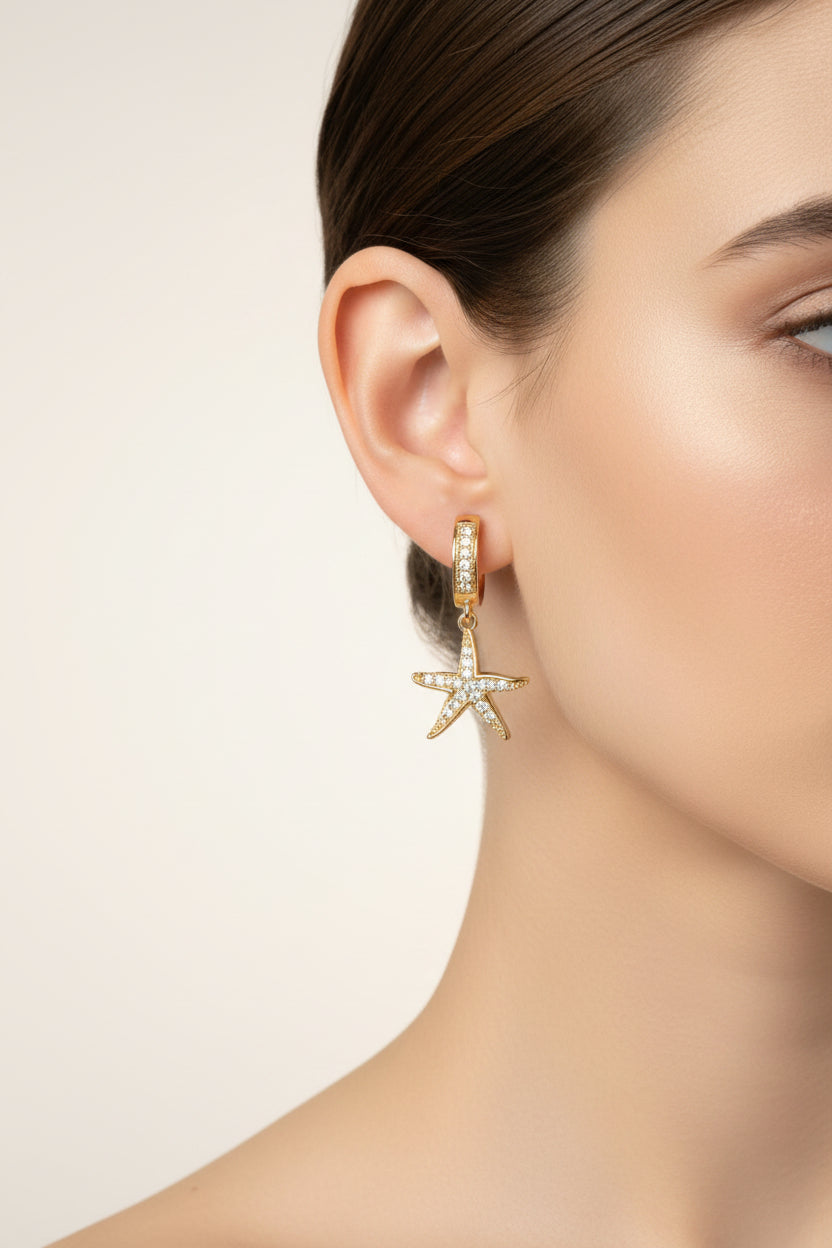 14K PAVE CRYSTAL STARFISH CRAM HUGGIE EARRING RK-64360005