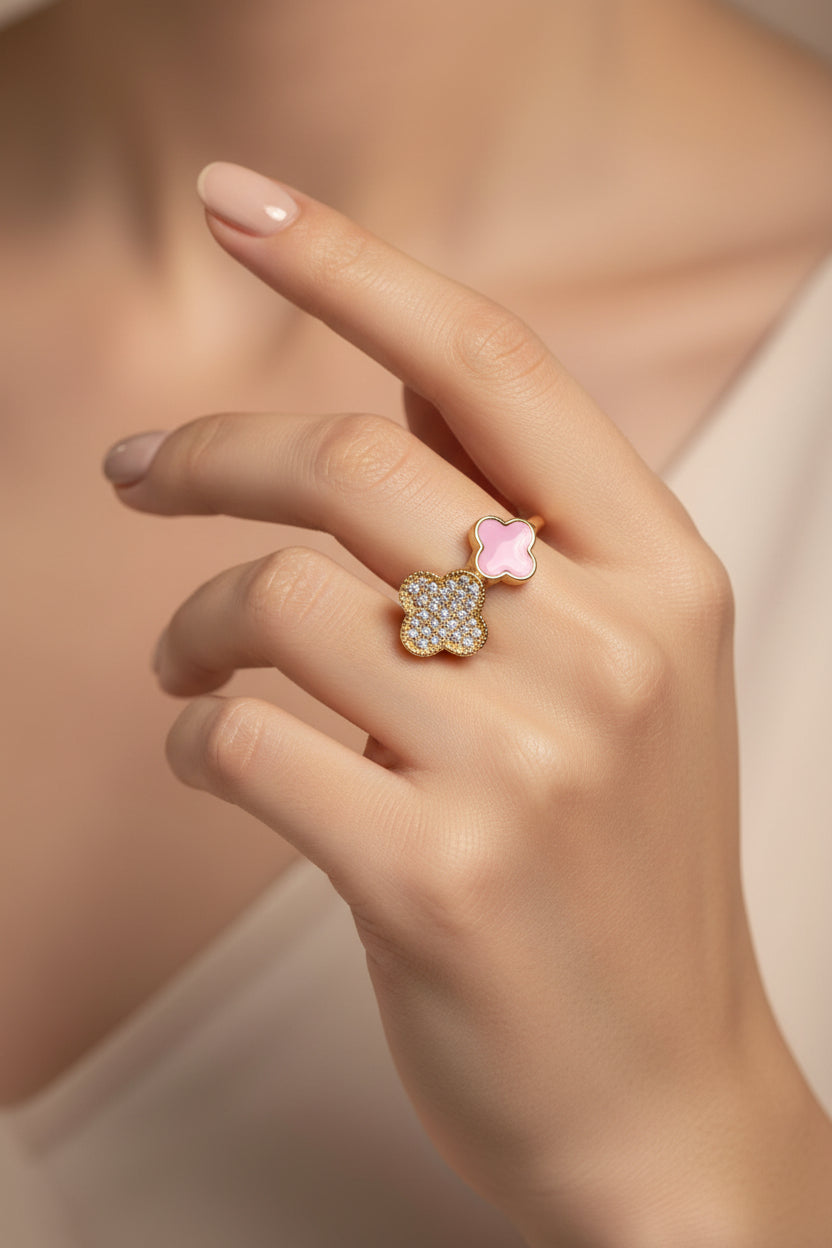 14K CLEAR/PINK DOUBLE CLOVER MOTIF RING WD4210D