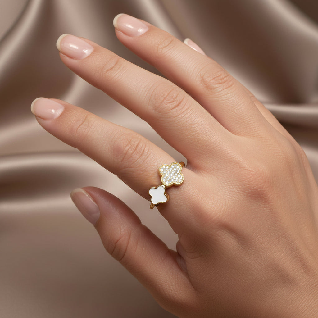 14K CLEAR/RED DOUBLE CLOVER MOTIF RING WD4210E