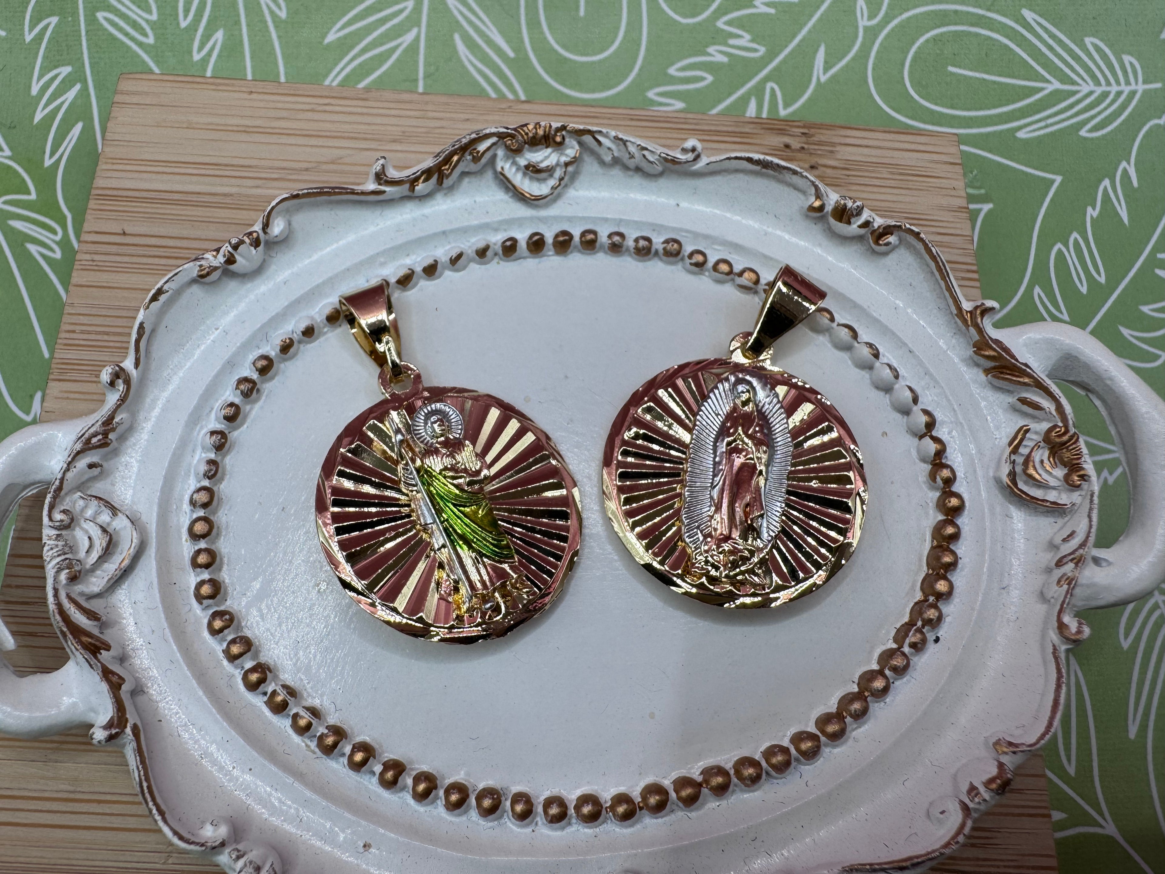 14K Two Face Religious Pendant Green/Tri-Color