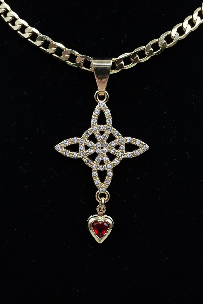 14K Nudo de Bruja with Heart Charm Clear/Red
