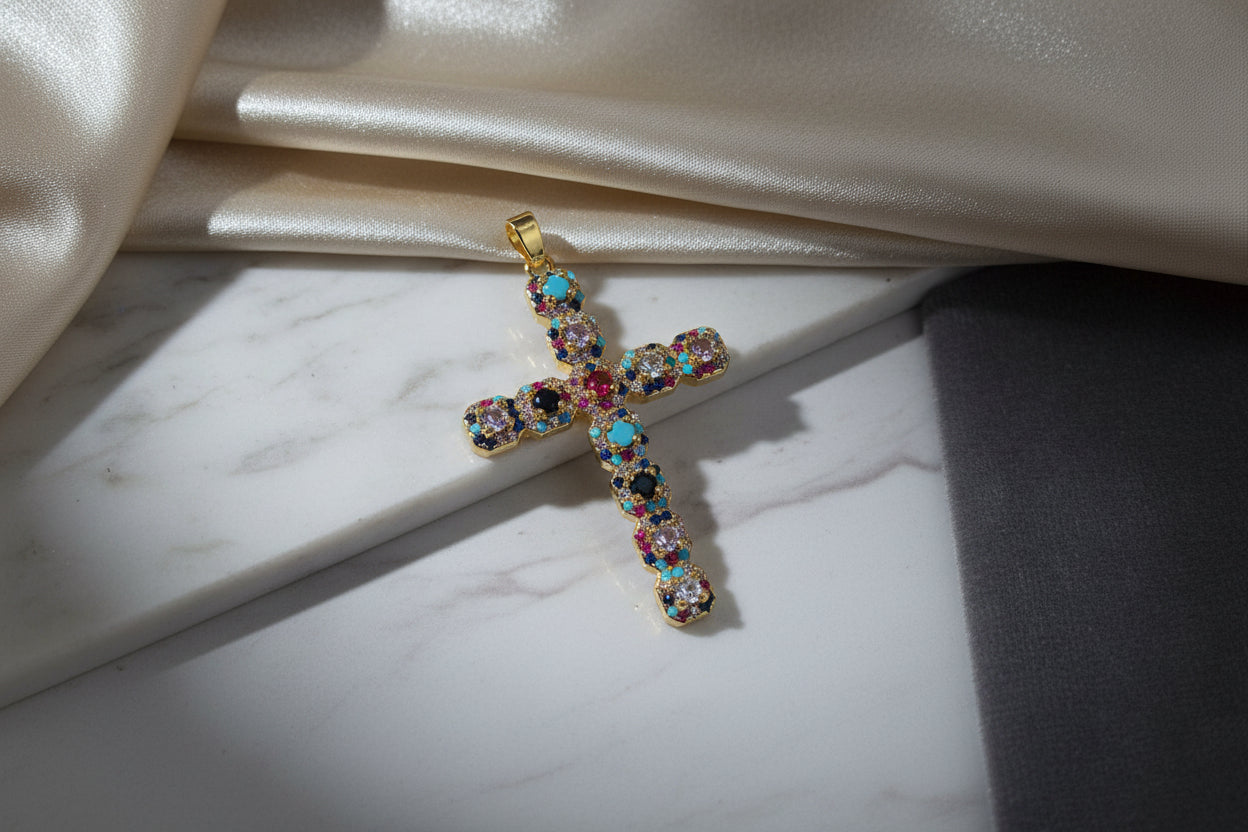 14K CROSS MULTI COLORED PENDANT