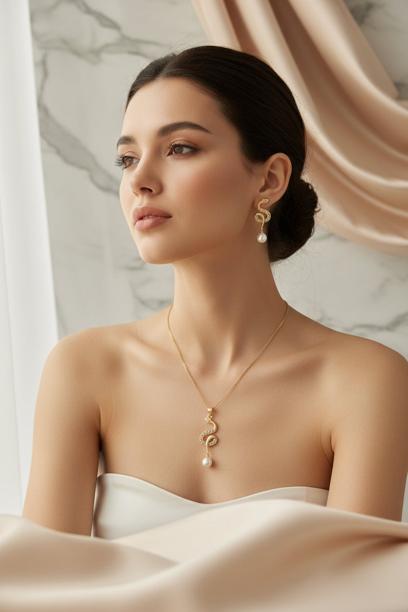 14K MATCH NECKLACE AND EARRINGS SNAKE WITH CRYSTALS AND PEARLS GT-08720013