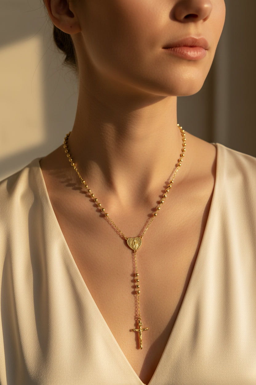 14K 24iIN VIRGIN HEART PRAYING ROSARY NECKLACE LA-01410002