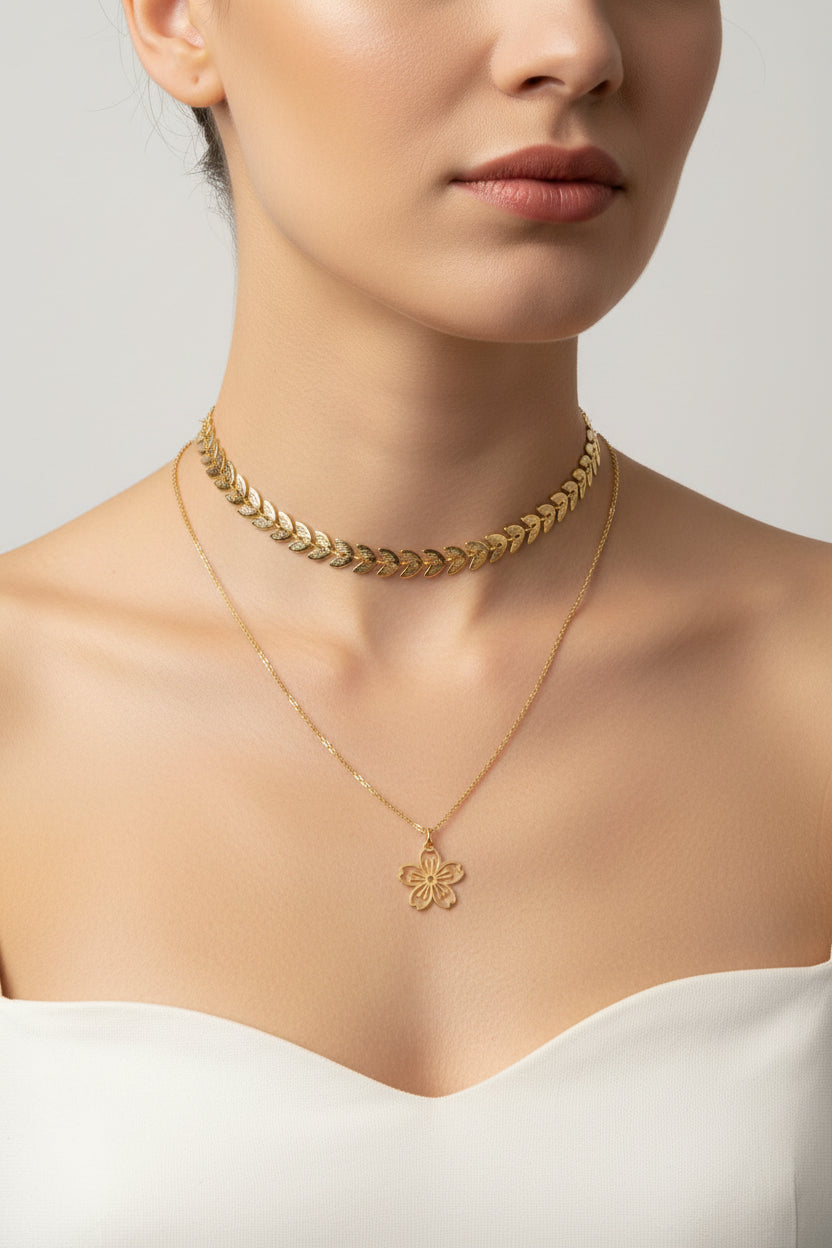 14K CHOKER STYLE LAUREL LEAF WITH FLOWER PENDANT ST-52230001