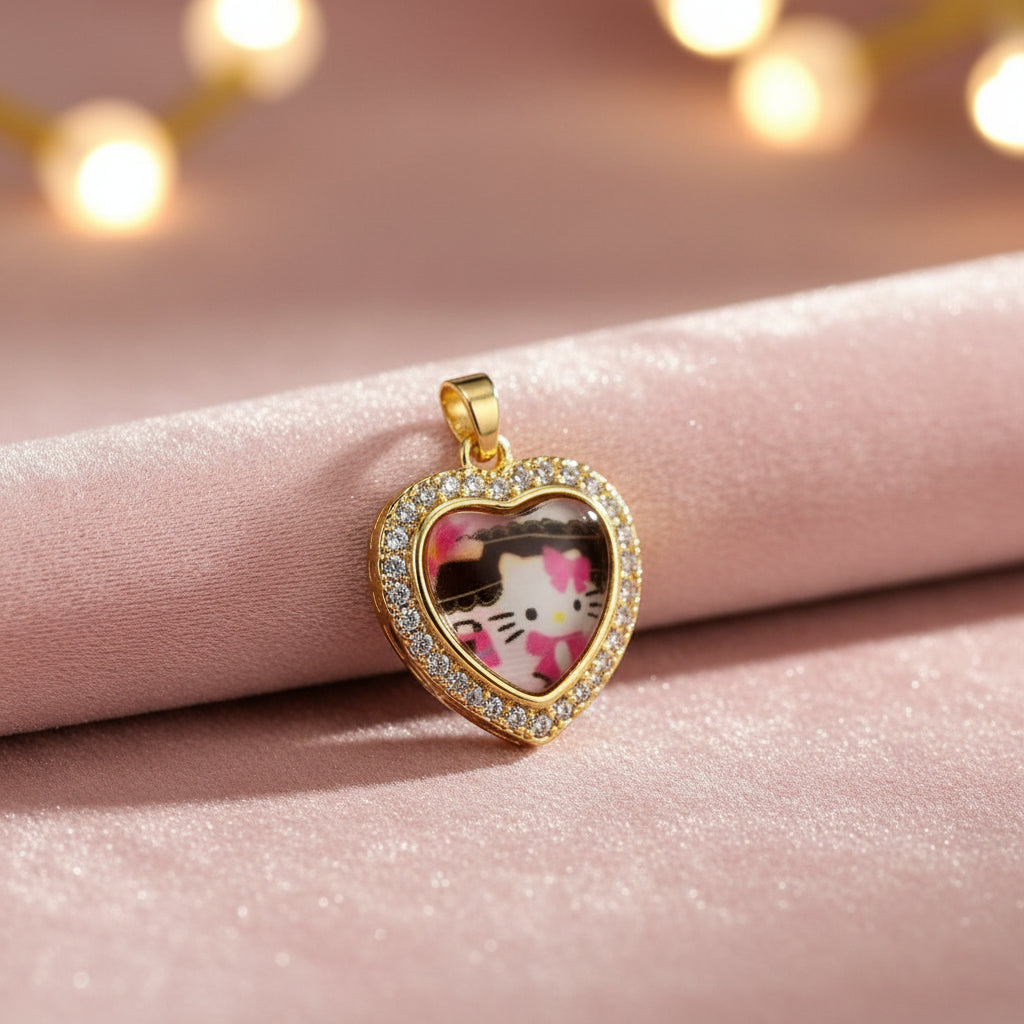 14K LOCKET WITH HELLO KITTY IMAGE WITH  CLEAR CRYSTALS