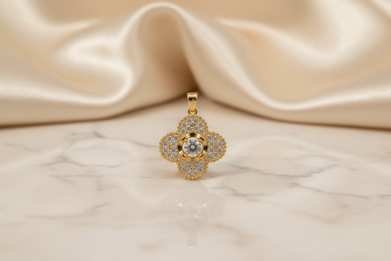 14K FOUR LEAF CLOVER  ENCRUSTED WITH MULTIPLE CRYSTALS PENDANT
