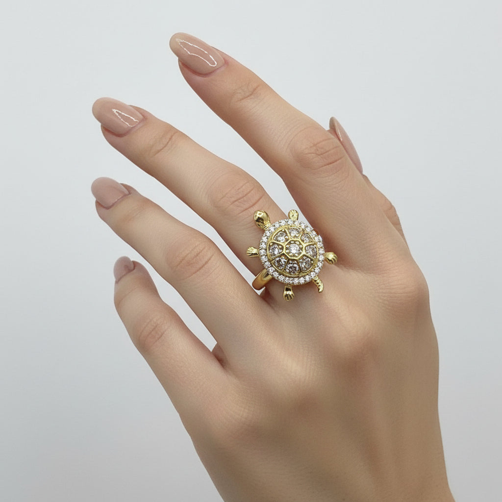 14K TURTLE MOTIF RING WITH CUBIC ZIRCONIA