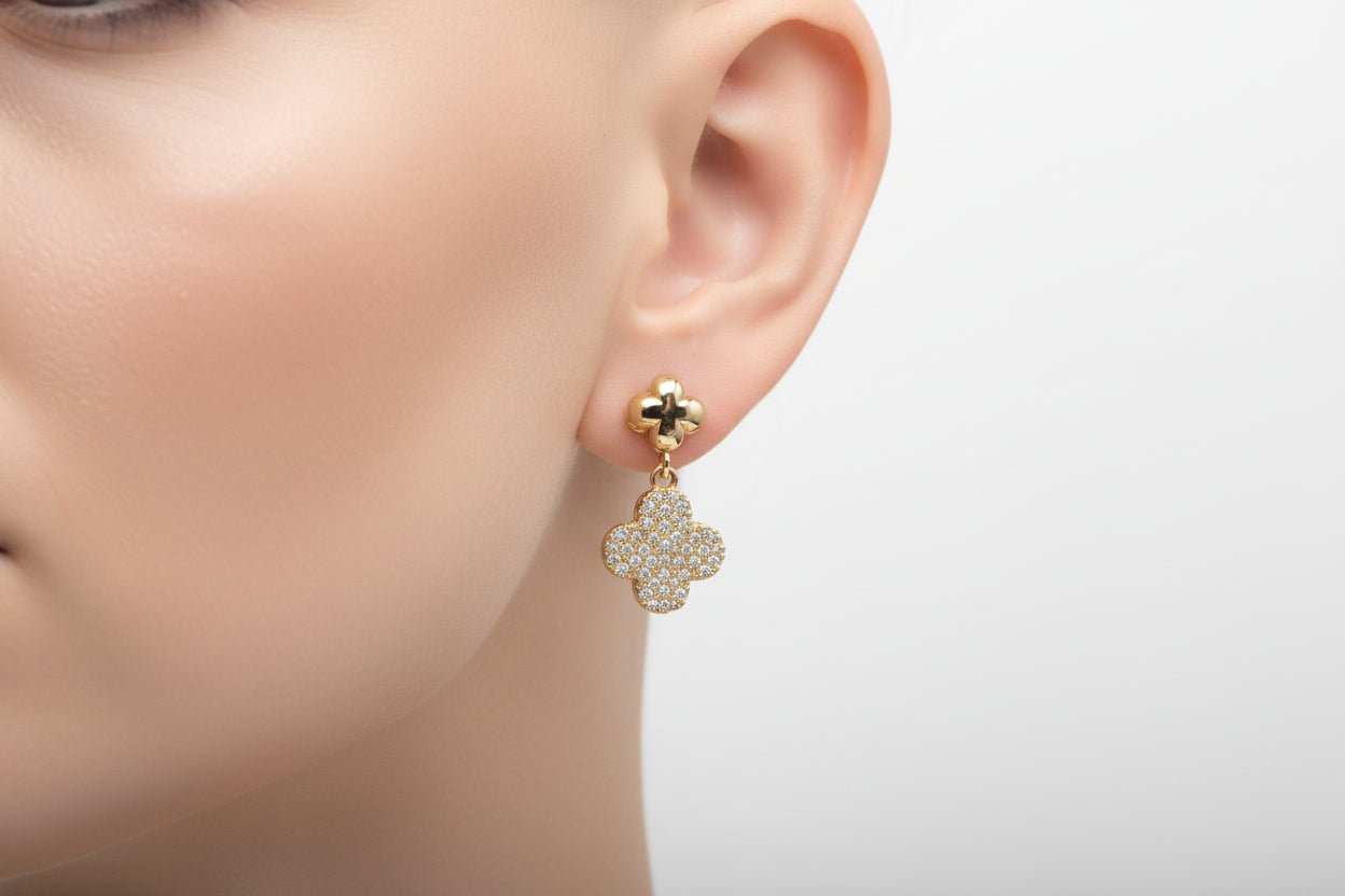 14K DOUBLE CLOVER DROP DESIGN EARRING RQ275