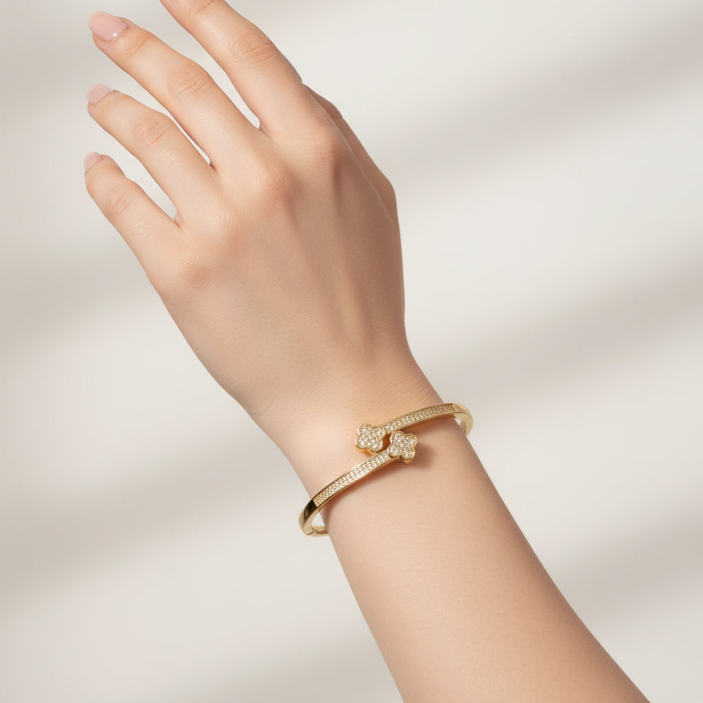 14K CLOVER-ACCENTED BANGLE BRACELET
