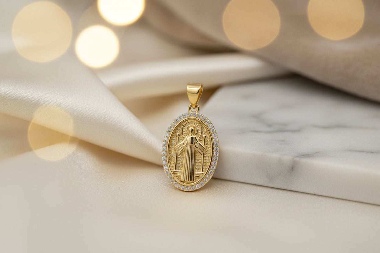 14K SAINT BENEDICT MEDAL WITH CLEAR STONES