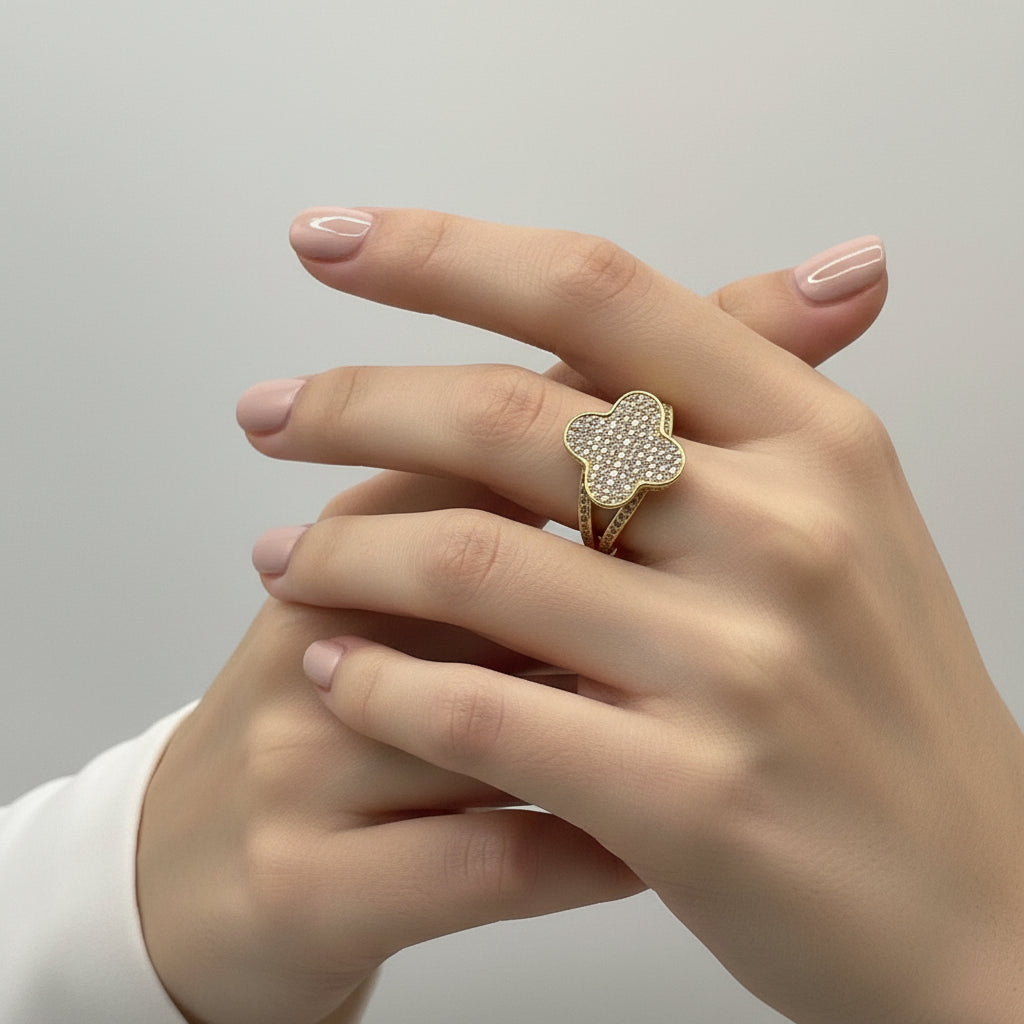 14K FOUR CLEAR LEAF CLOVER RING