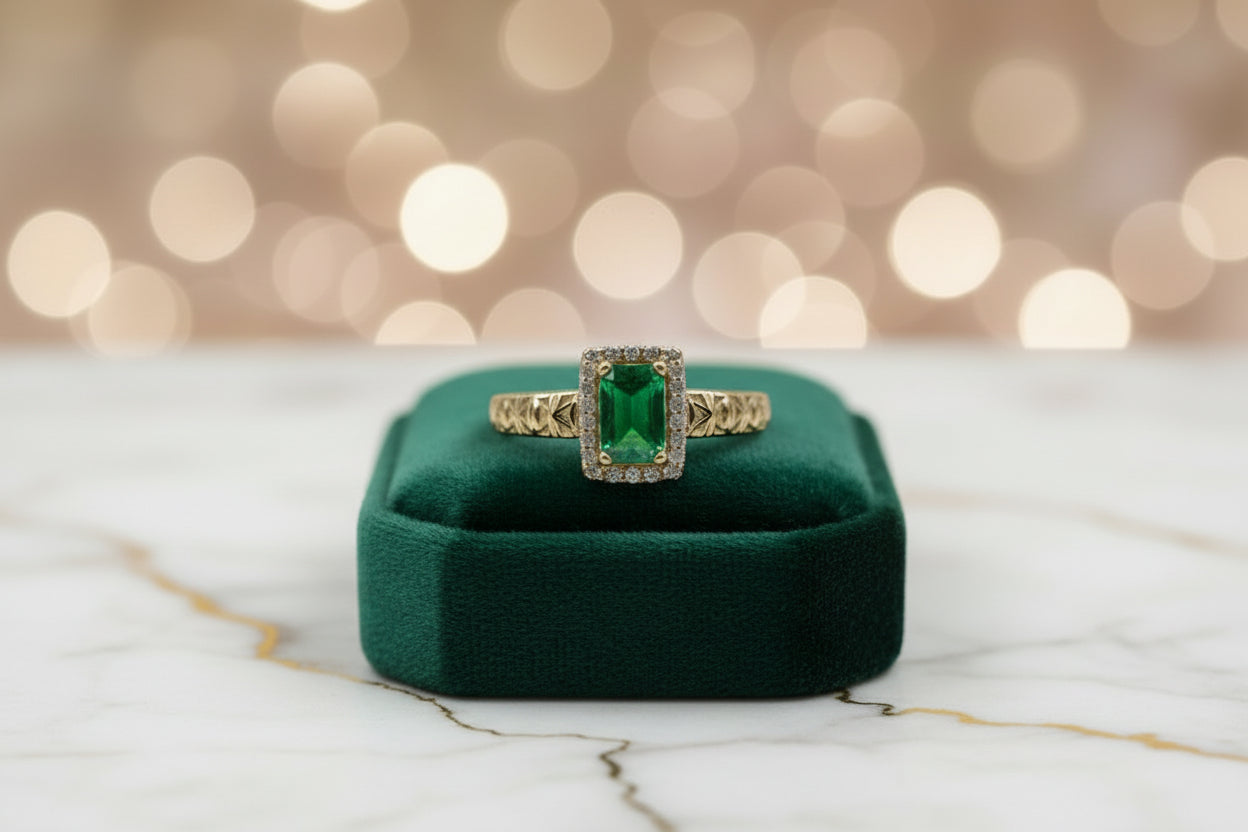 14K EMERALD-CUT GREEN GEMSTONE RING X001160082