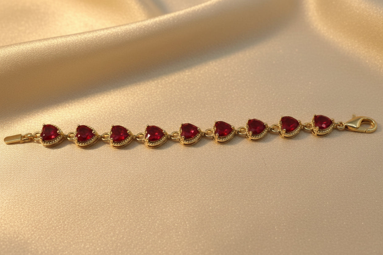 14K HEART-SHAPED LINK WITH RED GEMSTONES BRACELET RQ322