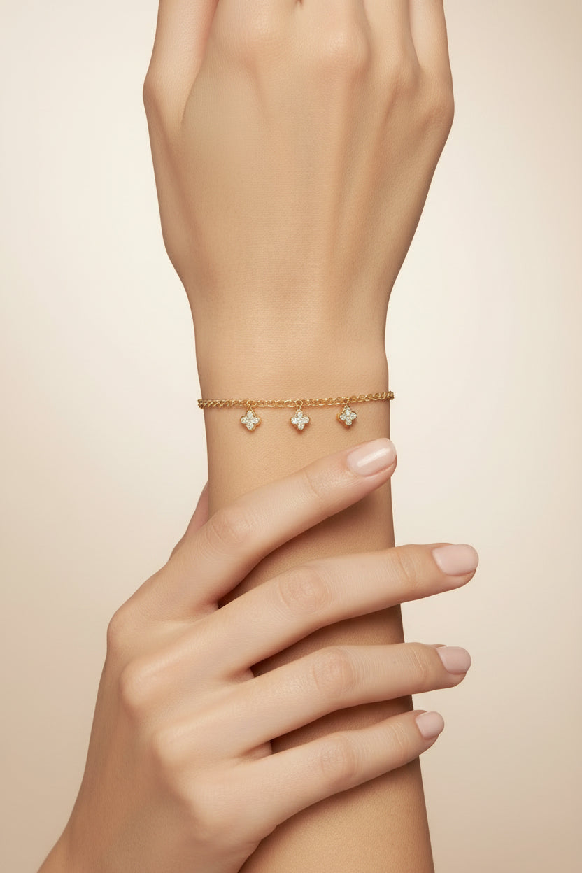 14K CZ CLOVER CHARMS BRACELET OS-10340001
