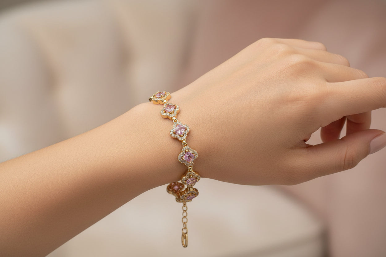 14K SQUARE-CUT PINK STONES BRACELET RQ333