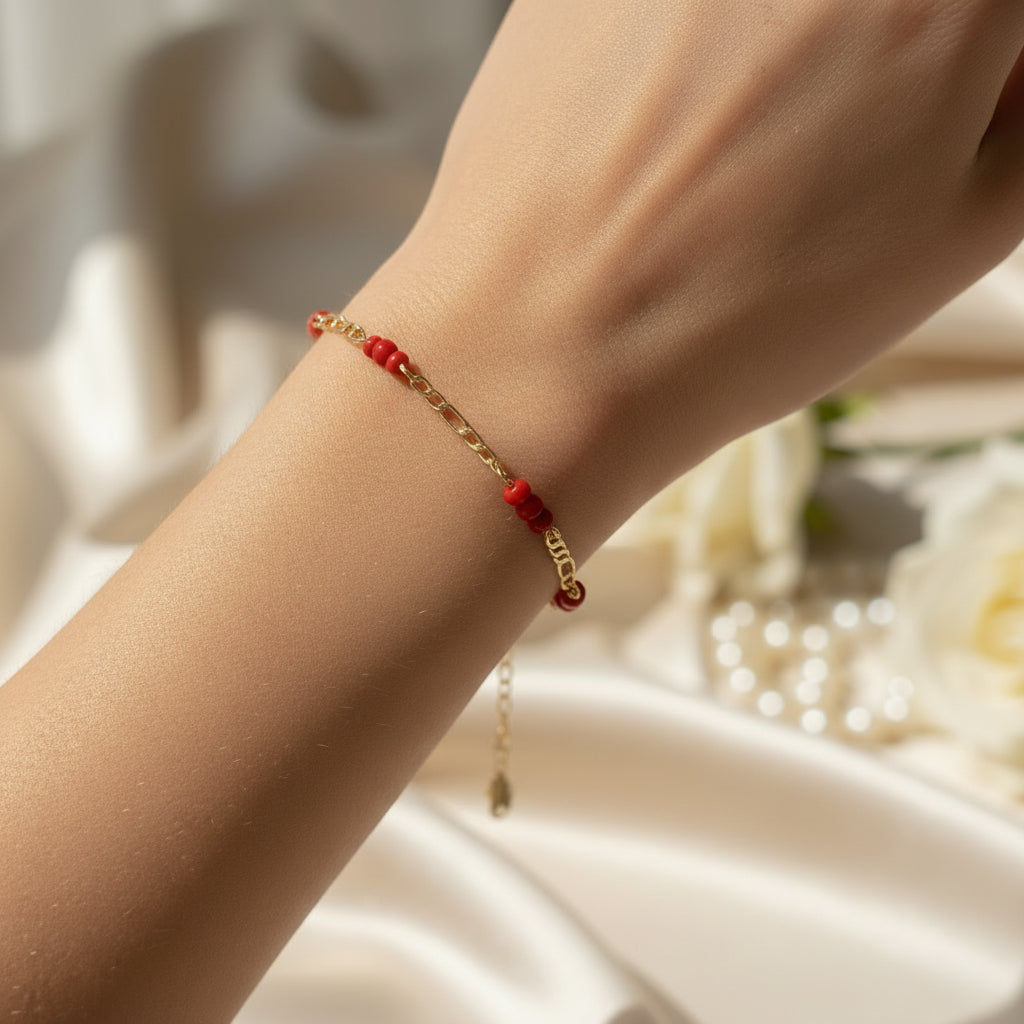 14K FIGARO WITH RED BEADS BRACELET TH-05680002