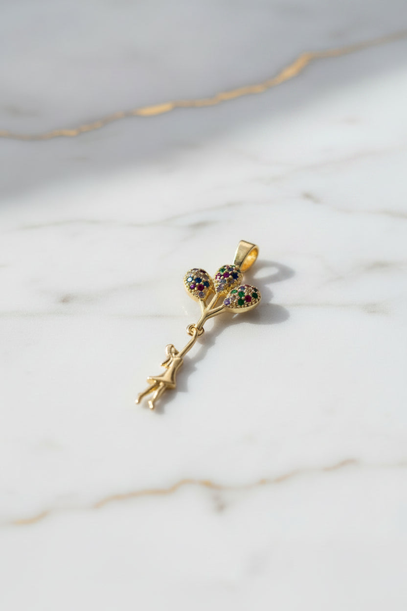 14K FLYING GIRL WITH BUNCH COLORFUL BALLOONS PENDANT
